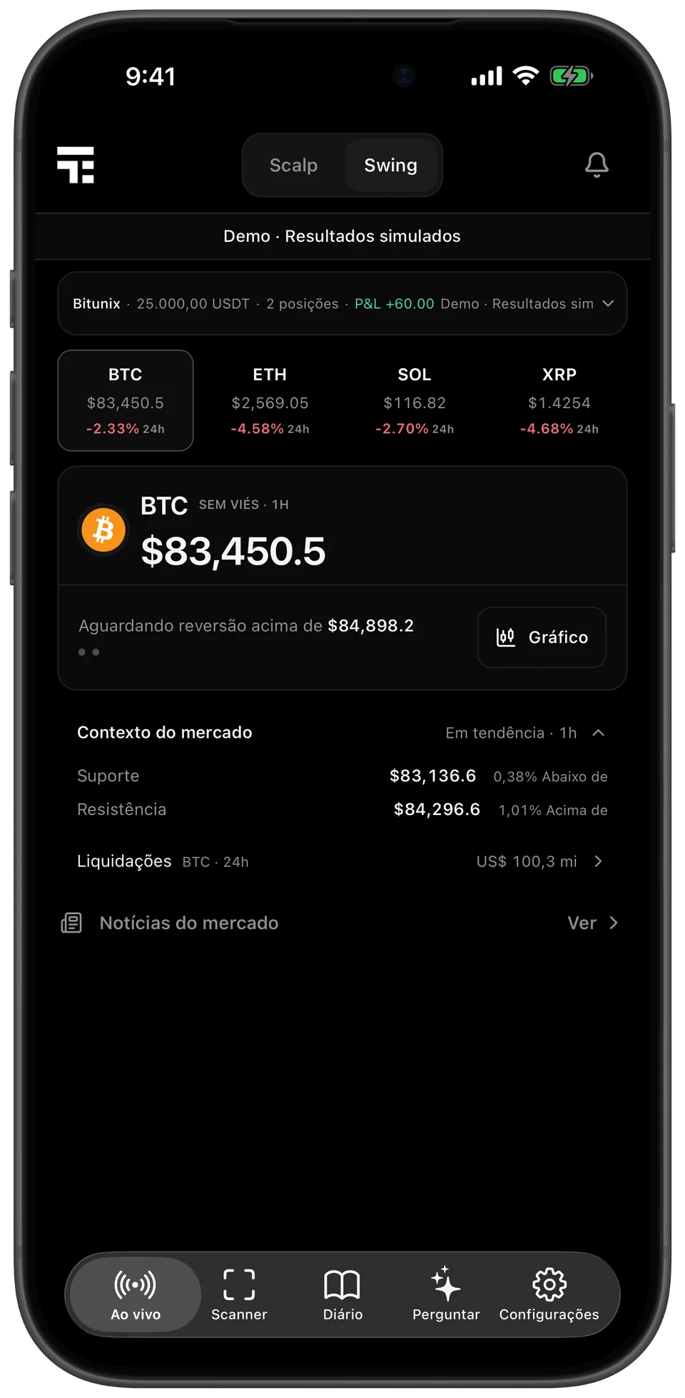 App WickTide mostrando um sinal de BTC ao vivo